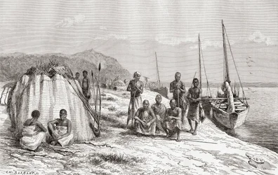 Tribus congoleñas junto a sus botes en el río Congo en el siglo XIX, de 